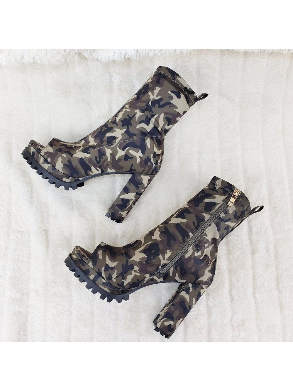 Natalie Camo Chunky Heel Stretch Open Toe Ankle Boots RESTOCKED - Picture 5 of 10